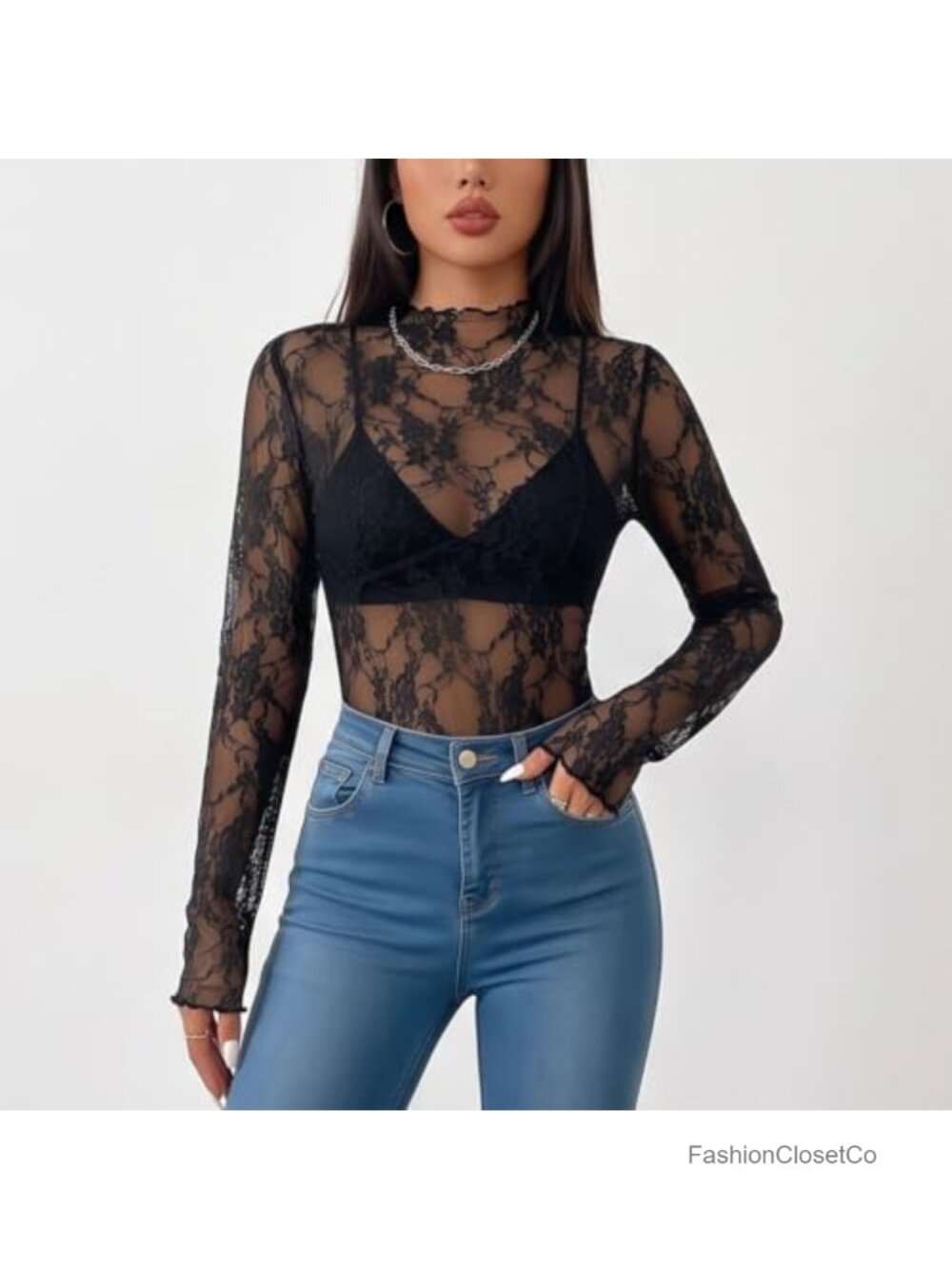 Women's Sheer Mesh Long Sleeve Lace Top Slim Fitted Blouse - Picture 2 of 6